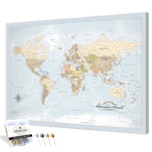 Image of IPIC - Blue Ocean World Map Pin Board Canvas Wall Art, Travel Map with Pins Included, Ready to Hang for Home or Office 36x24 Inch