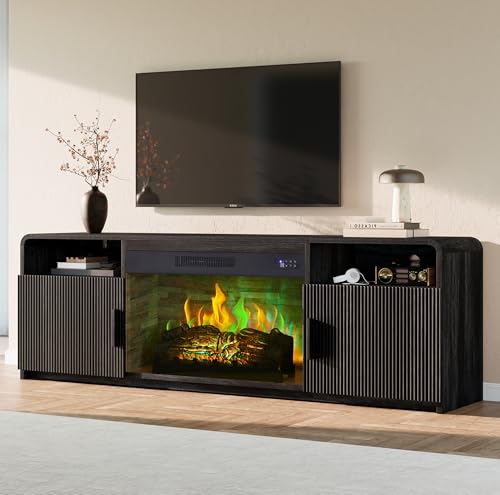 Image of AMERLIFE 70 inch Fluted Fireplace TV Stand for TVs Up to 80 inch, Modern TV Console with 30 inch Electric Fireplace & Storage Cabinets, Media Entertainment Center for Living Room, Black