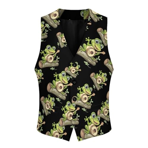 Frog Playing Banjo On Log Men's Suit Vest Waistcoat Vests Formal Dress with 2 Pockets for Business Casual Tuxedo3
