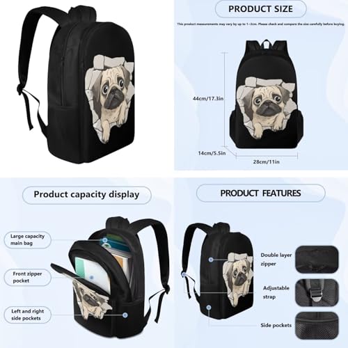 Pug Cute School Bag with Lunch Box Pencil Case Water Bottle Holder Kids Backpack 4PCS Set Bookbag for 6-8 Years Boys Girls Primary Elementary Students Sturdy School Bag4