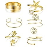 17KM 6PCS Gold Arm Cuff Jewelry for Women, Boho Statement Gold Upper Arm Bracelet Bangle, Open Adjustable Cuff Bracelet set Stackable Jewelry