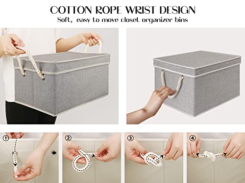 Loforhoney Home Fabric Storage Bins With Lids For Organizing, Foldable Storage Boxes With Lids For Shelves, Clothes Baskets With Cotton Rope Handles, Closet Storage Bins, Large, Light Gray, 2-Pack #TOP2