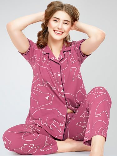 Image of ZEYO Night Suit for Women's Polar Bear Printed Cotton Night Dress of Shirt and Pajama Set 5756