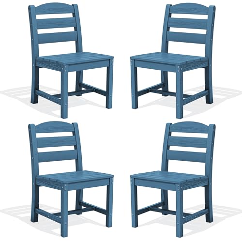 Image of SERWALL Outdoor Armless Dining Chairs Set of 4, All-Weather HDPE Patio Dining Chairs with 19.7 inch Widened Seat and Curved Backrest for Backyard, Garden, Blue