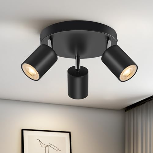 Schiele Lampara de Techo Negra 3 Focos, Focos Techo Orientables, Foco LED Interior GU10, Lampara Focos Techo Redondo Ajustables, Foco Pared Interior Para Cocina, Dormitorio, Pasillo, Sin Bombilla