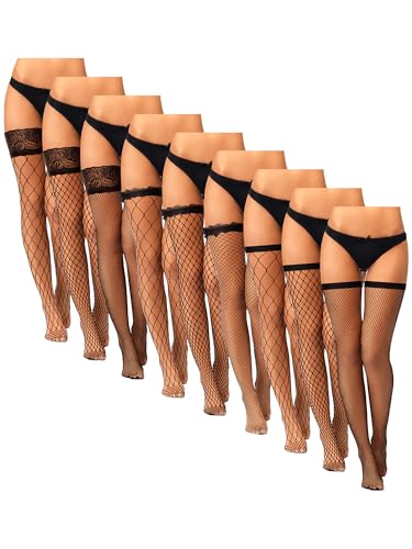 Hicarer 9 Pairs Fishnet Thigh High Stockings Lace Top Sheer over Knee Stocking Silky Thigh High Stockings for Women
