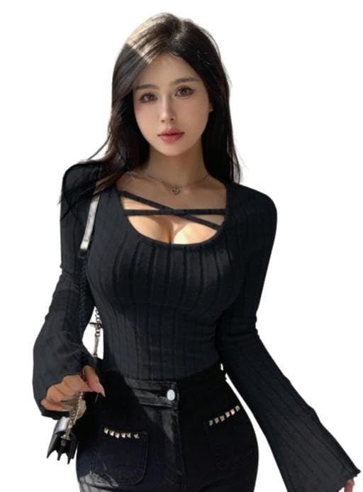 Image of Women Slim Fit Long Flare Sleeve Ribbed Knit Criss Cross Cut Out Casual Fashion Top Trendy Daily Outfit for Girls and Women