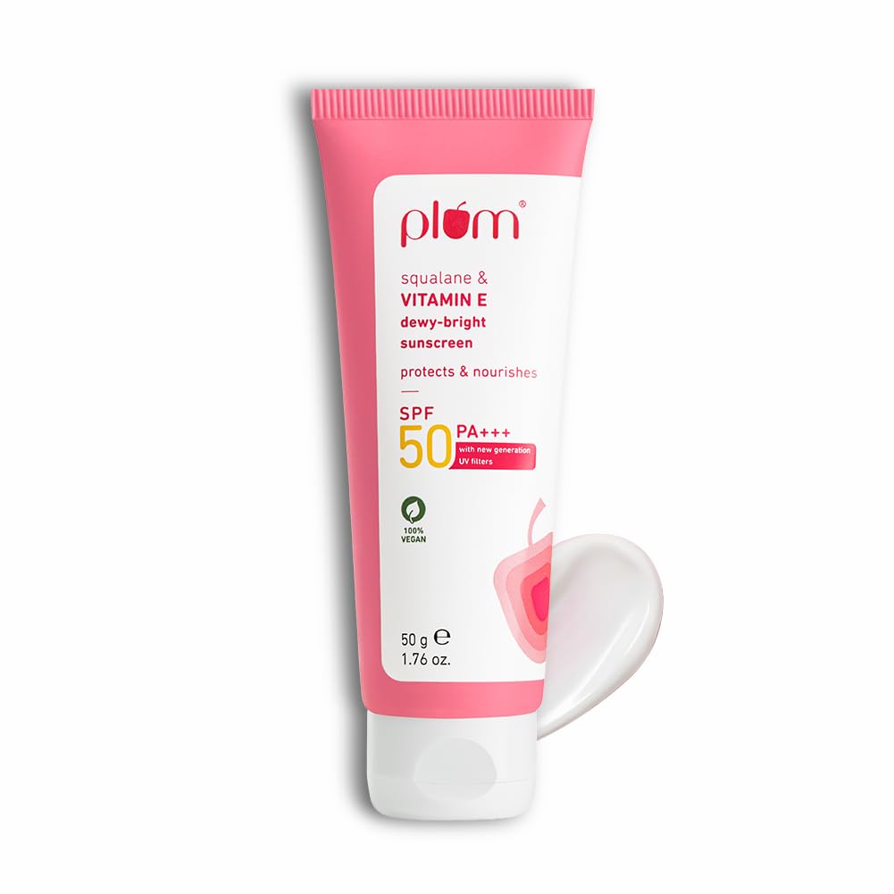 Plum Squalane&Vitamin E Dewy-Bright Sunscreen Spf 50 Pa+++|No White Cast,Lightweight,Non-Sticky|All Skin Types|Sunscreen For Women&Men|100% Vegan|50 G