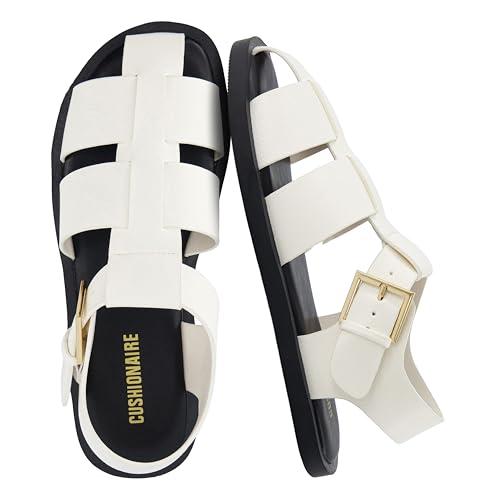 CUSHIONAIRE Women's Plaza Fisherman Sandal – Soft Vegan Leather, Adjustable Buckle Strap, Memory Foam, Wide Widths Available, Vanilla Smooth 8.5