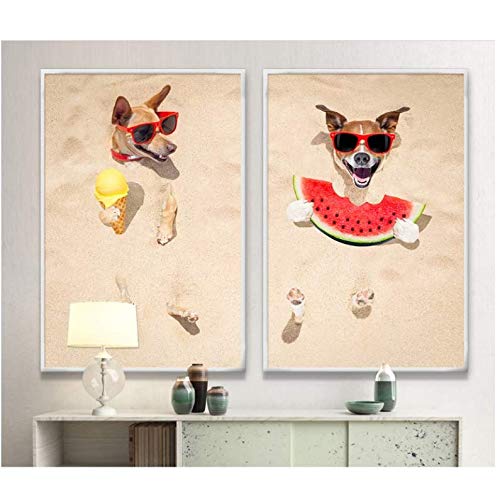 Toile peinture chien bord de mer de qualité supérieure | Art mural minimaliste 50x70