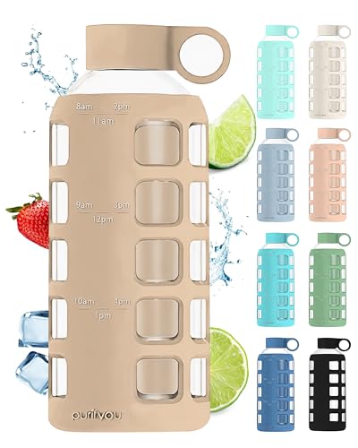 purifyou 40oz / 32oz / 22oz / 12oz Borosilicate Glass Water Bottle with Time & Volume Markers, Silicone Sleeve, Stainless Steel Lid | Reusable Glass Bottle for Water & Juice (22oz Iced Coffee)