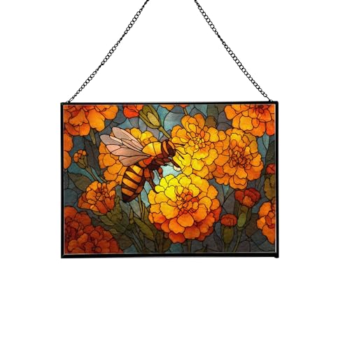 Bee Landing – Marigold Patch Animal Stained Glass Suncatcher – Rectangular Hanging Window Panel with Artistic Nature Background – Wildlife Glass Art Gift for Animal and Nature Lovers j13LLw