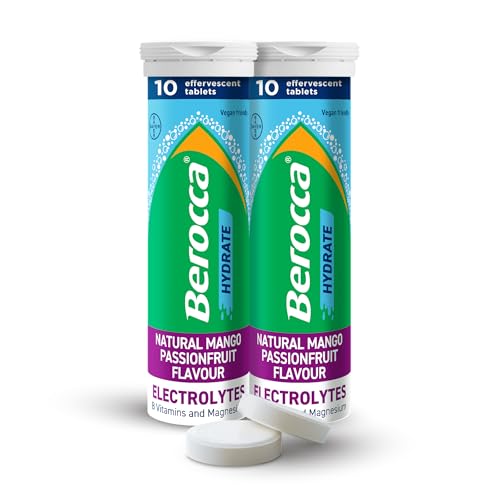 Berocca Hydrate - Electrolytes for Fast Hydration & B Vitamins Enhance Hydration & Energy Support Food Supplement with Natural Mango Passionfruit Flavour Effervescent Tablets (20 Tablets)
