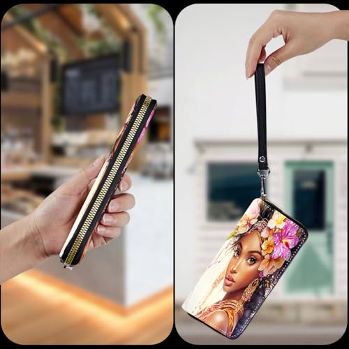Wristlet Wallet for Women Teen Girls Womens Wallet RFID Blocking Credit Card Holder with Removable Wristlet,Leather Phone Wallet Clutch Large Capacity Ladies Travel Purs,Beautiful Girl and Flower4