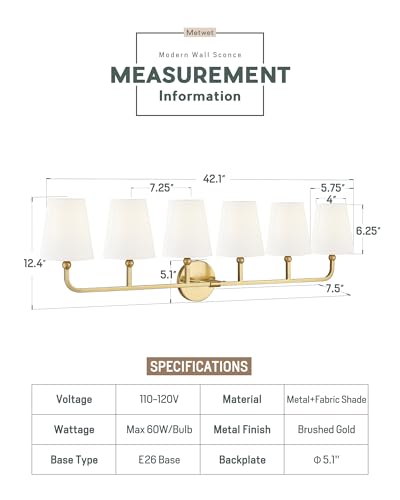 Image of Bathroom Light Fixtures, 42 Inch Brushed Gold Vanity Lights with Flared White Fabric Shade, 6-Light Wall Sconce, Modern Sconces Wall Lighting for Hallway Bedroom, VL837-BG-6