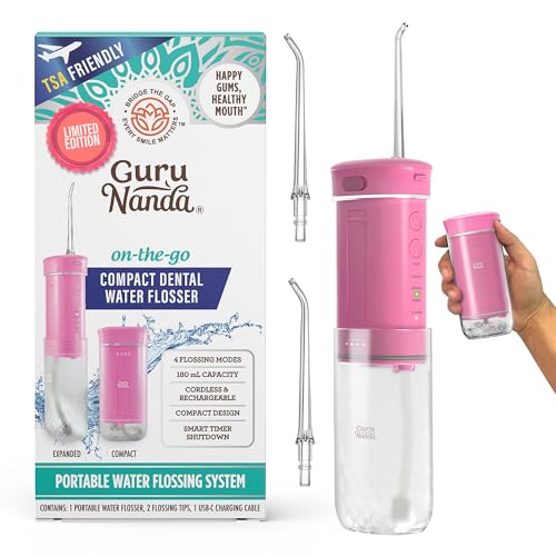 GuruNanda Compact Water Dental Flosser Portable Travel Size Oral Irrigator Flosser with Collapsible 180 ml Tank Smart Timer 4 Flossing Modes TSA-Friendly - Pink