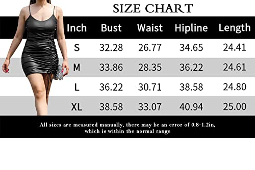 Ramisu Women's Pu Leather Look Sexy Spaghetti Strap Dress Bodycon Drawstring Leather Club Dress Party Stretch Dress M Black #TOP7