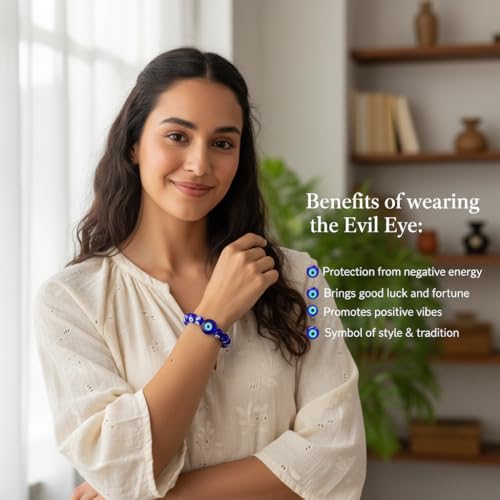 Image of Arihant Gems & Jewels Feng Shui Blue Evil Eye Bracelet with Laughing Buddha Charm | Nazar Batu Beaded Stretch Bracelet for Protection, Good Luck & Prosperity (Unisex)