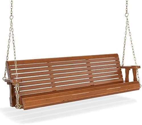 VINGLI Upgraded Patio Wooden Porch Swing for Courtyard & Garden, Heavy Duty 880 LBS Swing Chair Bench with Hanging Chains for Outdoors (5 FT, Brown)