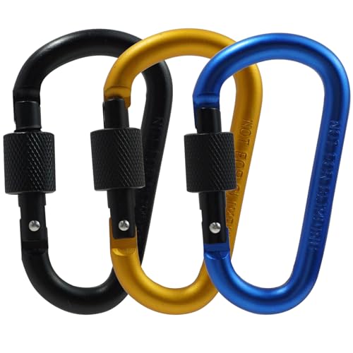 Carabiner Clip, 3 Pack Locking Carabiner Clips, Premium Aluminum Alloy D-Ring Carabiners Keyring for Key Chain, Outdoor, Camping, Hiking, Traveling, Fishing, Backpacking; Strong, Lightweight, Secure