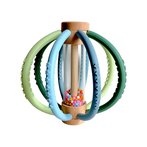 Sonajero Montessori bebe 0-6 meses | Mordedor con Palo de Lluvia de Madera Natural para Tummy Time | Juguete de Estimulación Temprana | Juguetes Bebé 3 Meses Montessori - Bebé Pituso(Blue Ocean)