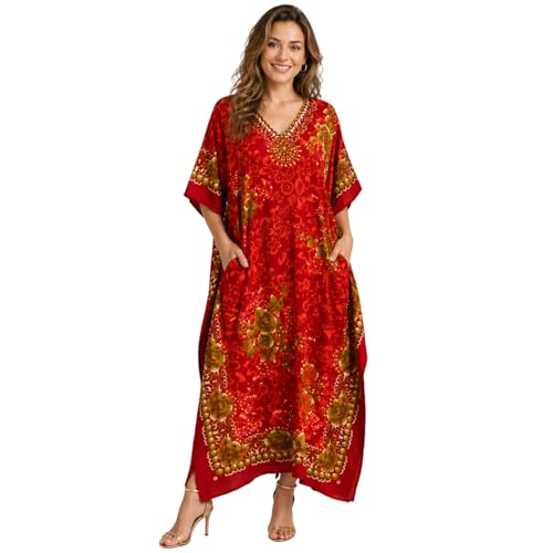 Image of Miss Lavish London Kaftan Dresses for Women,Beach Kaftan Coverups,Hawaiian Coverups for Women,Long Beach & Swimsuit Coverups,Plus Size African Caftan Dress,Moroccan Style Loungewear Red XL