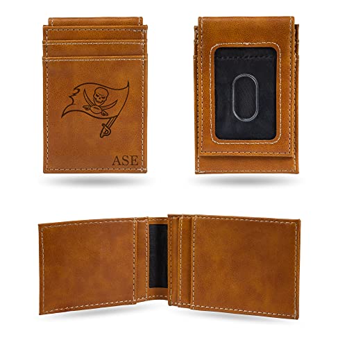 Rico Industries NFL Tampa Bay Buccaneers Brown Personalized/Custom Laser Engraved Front Pocket Wallet - Slim/Light Weight - Great Gift Item