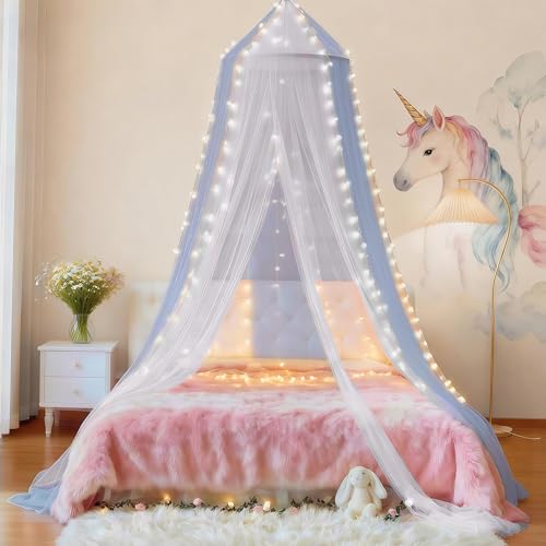 Image of Two-Tone Bed Canopy Mosquito Net, Bed Canopy for Girls Room Decor - Insect Protection Hanging Canopy for Indoor(White+Blue,with 250pcs Warm Lights)