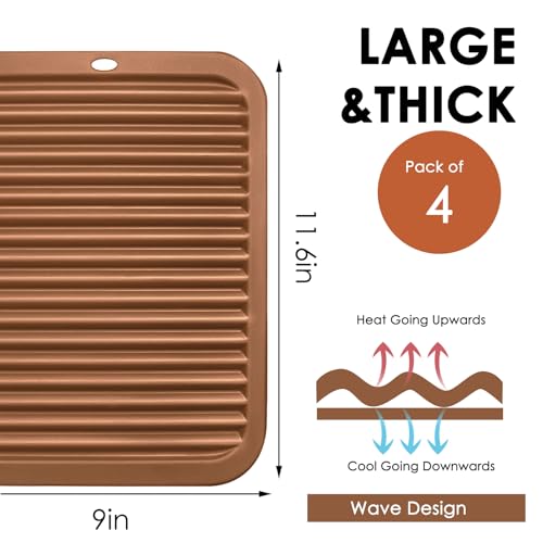Image of 4 Pack Silicone Trivets for Hot Dishes Large 446F Heat Resistant Pot Holder Hot Pads for Kitchen 9'' x 12' Brown Silicone Trivet Mat for Hot Pots and Pans, Jar Opener, Drying Mat