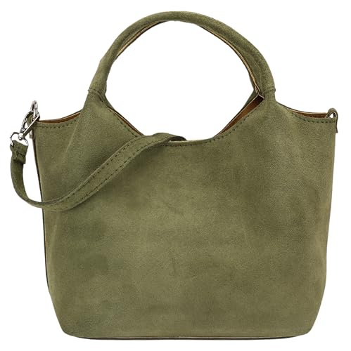 SH Leder Damen Handtasche aus echtem Wildleder Beuteltasche mit Schultergurt und Innentasche Elegante Henkeltasche Crossbody Tasche für Alltag & Büro 28x18cm Alesia W688 (Olivgrün)