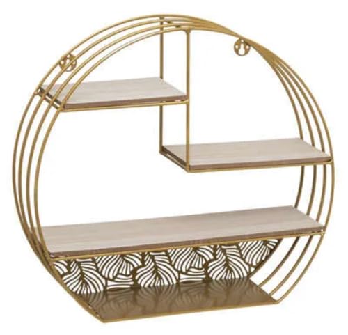 Genérico Estantería Circular de Pared con Diseño de Hojas Tropicales, Dorado y Madera, 40x10x36cm, 3 Repisas
