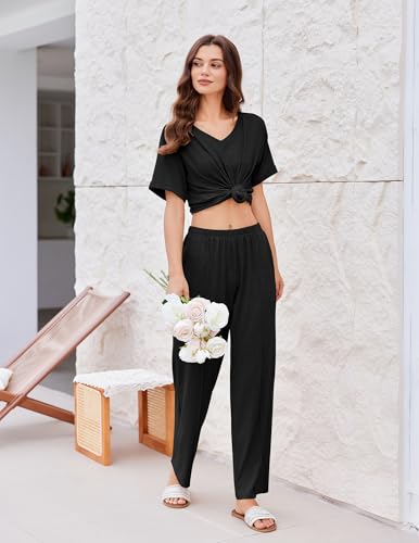 Image of Ekouaer Pajamas for Women Set 2 Piece Short Sleeve Tops with Long Pants V Neck Soft Pjs Casual Lounge Set with Pockets