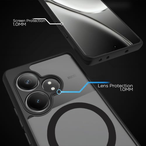 Image of RIGGEAR Shockproof Sleek Hybrid Armor Back Cover Case Compatible with MagSafe Accessories for Realme GT 6, Realme GT 6T 5G (Smoke Black Matte PC + Black TPU Bumper)