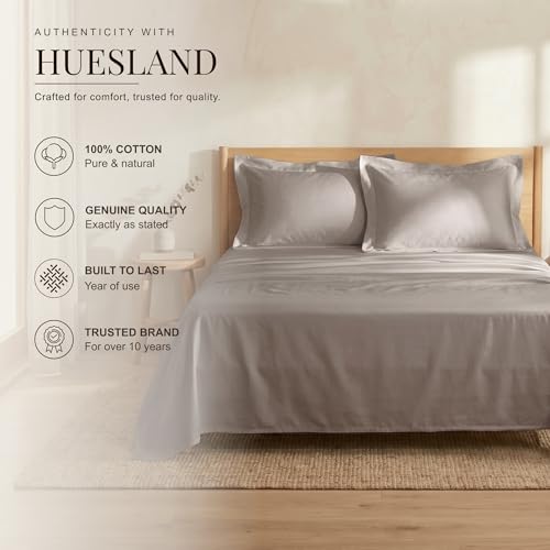 Image of Huesland Premium 100% Pure Cotton Luxe Soft Touch 300 Thread Count Bedsheet for Double Bed King Size with 2 Pillow Covers | Perfect Greige | 108 x 108 inches