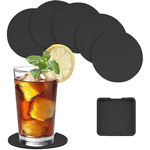 Drink Coasters Set of 7, Black Round Coasters Set, Non Slip Silicone Pad Mat (6 Round Coasters , 1 Square Coasters), for Coffee Cups, Mug, Wine Glass Cover
