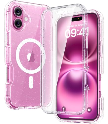 Image of Diaclara Magnetic Designed for iPhone 16 Plus Phone Case,[Full Camera Protection] 360 Clear Bumper Compatible with MagSafe Built-in Screen Protector for 16 Plus,Magnetic Clear Glitter