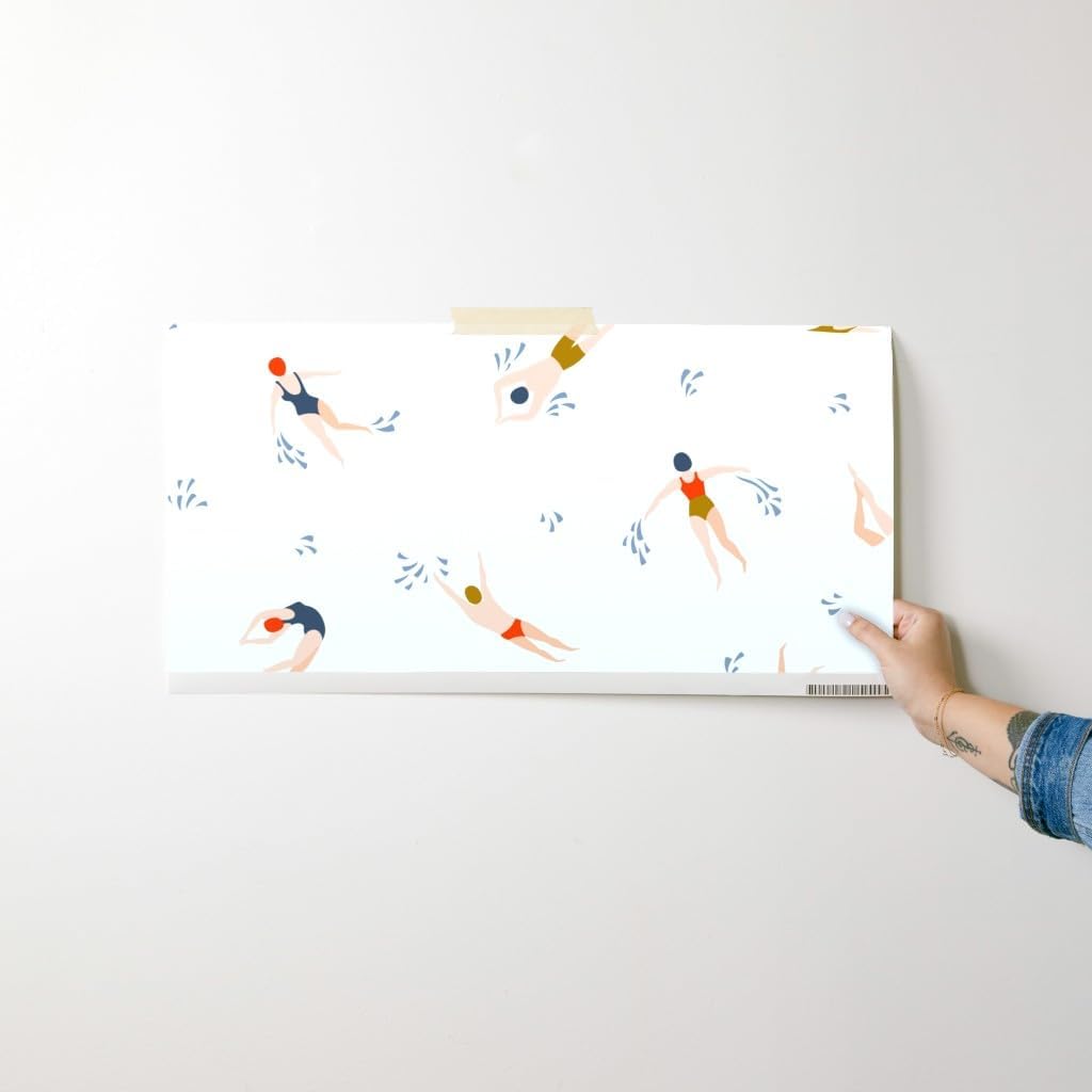 Peel & Stick Wallpaper Swatch - Cute Swimmers White Light Swimming Hand Drawn Custom Removable Wallpaper by Spoonflower