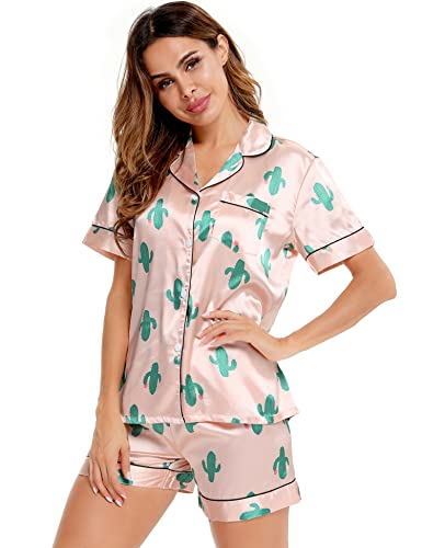 Image of SWOMOG Womens Silk Satin Pajamas Short Sleeve Sleepwear Button Down Loungewear Two-Piece Pj Set