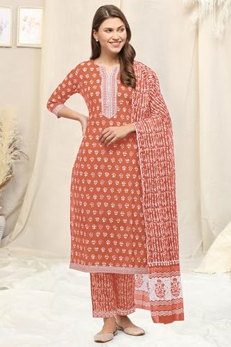 Image of MIRCHI FASHION Pure Cotton Straight Kurta Set with Dupatta | 3 Piece Ethnic Kurta Pant Set Office Wear Salwar Kurta Set for Women