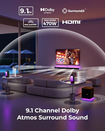 ULTIMEA 9.1ch Surround Sound System with Dolby Atmos, 2 Rear Speaker, 6.5" Wireless Subwoofer, RGB Light, App, Detachable Surround Sound System for Home Theater, Peak Power 470W, HDMI eARC, Apollo S90 - Image 3