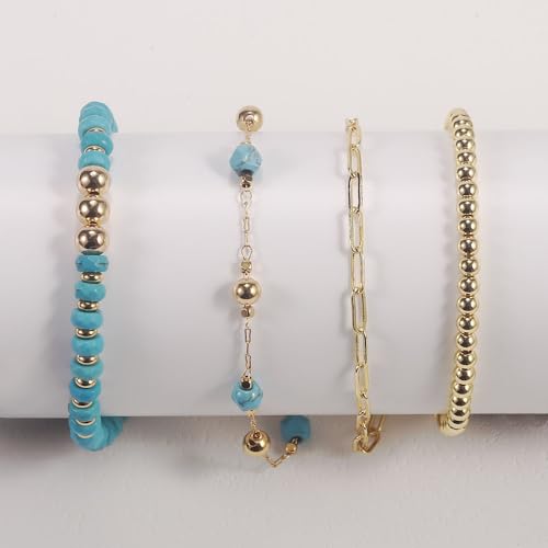 Myofeng 4 Pcs Turquoise Bracelets Bohemian wind 14K Gold Beaded Bracelets Stackable Adjustable Paperclip Link Stretch Bracelets Charm Jewelry Present for Women4