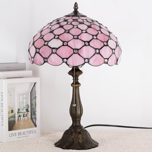 Image of 12 Inch Tiffany Stained Glass Lamp Shade Replacement Only(Pink) | Stained Glass Style Lampshade with Cap fit for Table lamp Pendant Light Ceiling Fixture