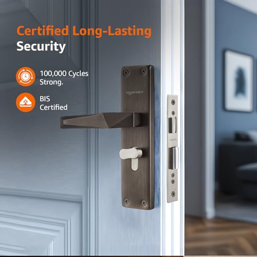 Image of Amazon Basics Heavy-Duty Door Lock Set | Mortise Door Lock Handlesets with 3 Brass Key for Home,Office,Hotel | Brass Body & Cylinder | Matt Black