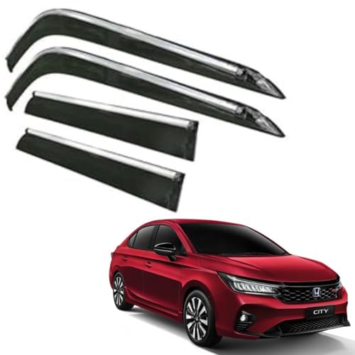 Image of CAR SAAZ Side Door Visors for City (2023-Present)(Set of 4Pcs)|Smoke Finish Chrome Lined Rain Guards, Polycarbonate