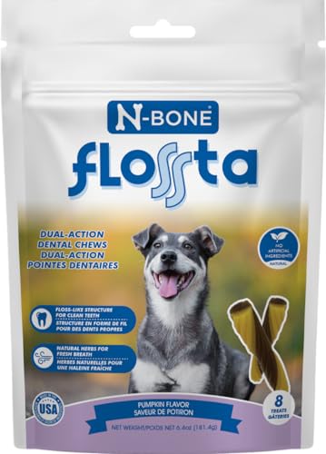 N-Bone Flossta Dual Action Dental Chews for Dogs, Unique Twist Shape for Deep Teeth Cleaning and Proactive Dental Care, Pumpkin Flavor, 8 Count 6.4-oz Bag