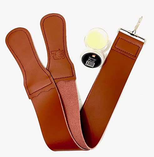 G.B.S Leather Razor Strop Handmade Grain Leather, Dual Swivel Clip and Handle for Tension. Straight Razor Knife Sharpener Strop: Dressing Jar Convenient: | Suede Side, Polished