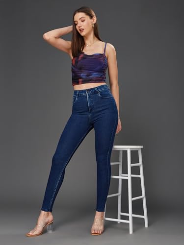 Image of Miss Chase Women's Skinny High Rise Cropped Fringed Hemline Detailing Stretchable Denim Jeans