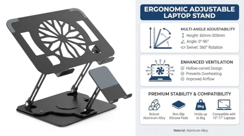 Image of Laptop Stand for Desk,Laptop Riser with Phone Holder& 360 Rotating Base | Adjustable Computer Stand|Ergonomic Laptop Riser for Collaborative Work|Macbook Stand fits for All 10-16 inch Laptops(Black)