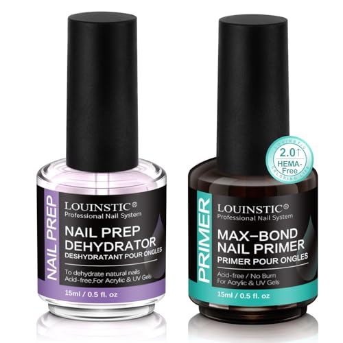 LOUINSTIC Nail Prep Dehydrator and Acid-Free Primer Quick-Dry & Safe for Nails for UV Gel Acrylic Gel Nail Polish & Press-On Nails Hema-Free Professional Salon & DIY Manicure Kit 15ml
