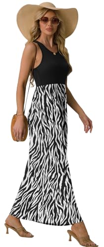 GRECERELLE Women's Summer Sleeveless Casual Long Tank Maxi Dress with Pockets, Black Tree Grain, L